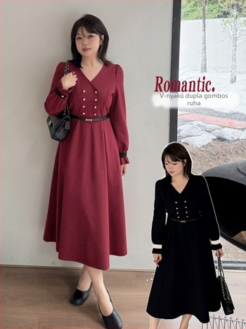 V-nyakú ruha, puffos ujjakkal, hosszú A-vonalú sziluettel, római szövet (poliészter-spandex)