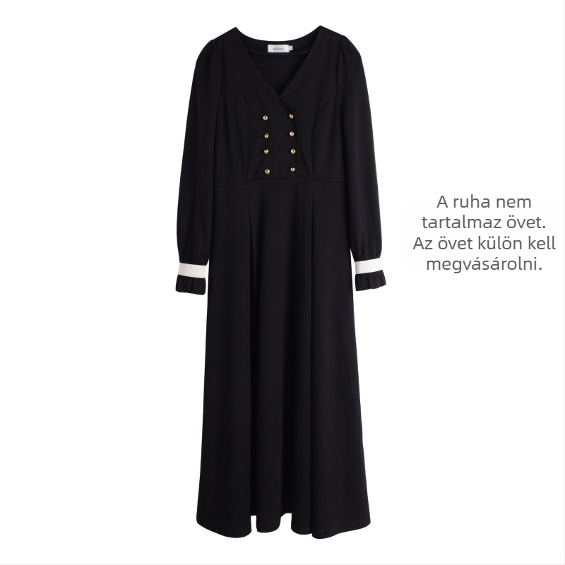 V-nyakú ruha, puffos ujjakkal, hosszú A-vonalú sziluettel, római szövet (poliészter-spandex)