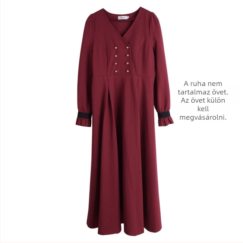 V-nyakú ruha, puffos ujjakkal, hosszú A-vonalú sziluettel, római szövet (poliészter-spandex)