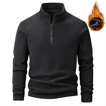 Férfi fleece-béléssel, vastag álló galléros fél-zip pulóver, mindennapi kényelmes viselet