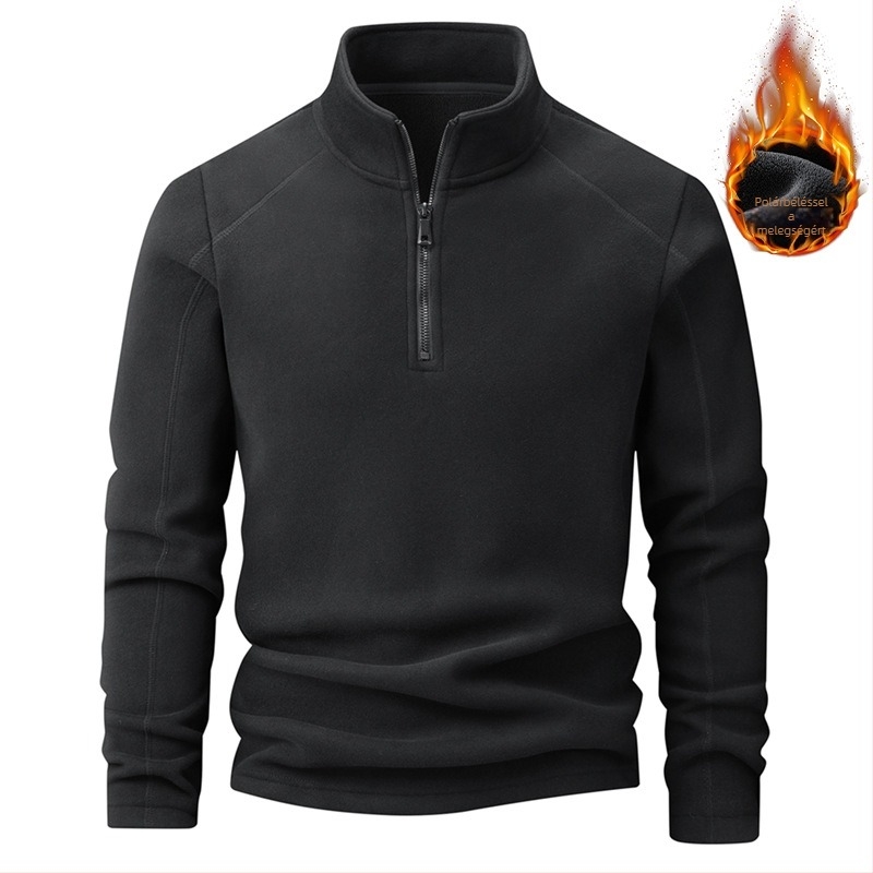 Férfi fleece-béléssel, vastag álló galléros fél-zip pulóver, mindennapi kényelmes viselet