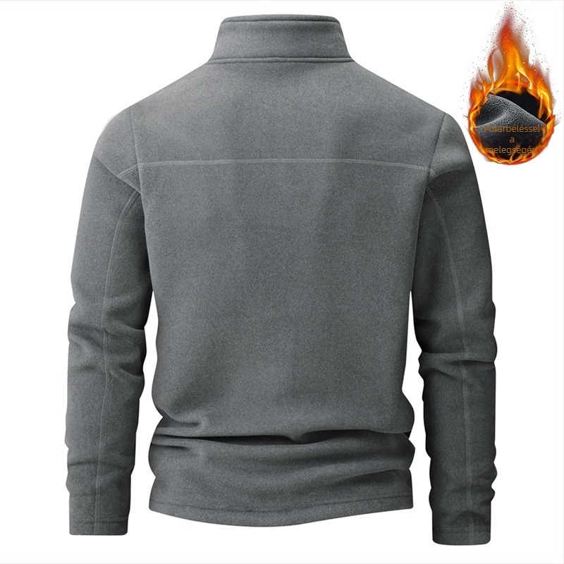 Férfi fleece-béléssel, vastag álló galléros fél-zip pulóver, mindennapi kényelmes viselet