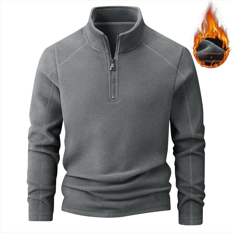 Férfi fleece-béléssel, vastag álló galléros fél-zip pulóver, mindennapi kényelmes viselet