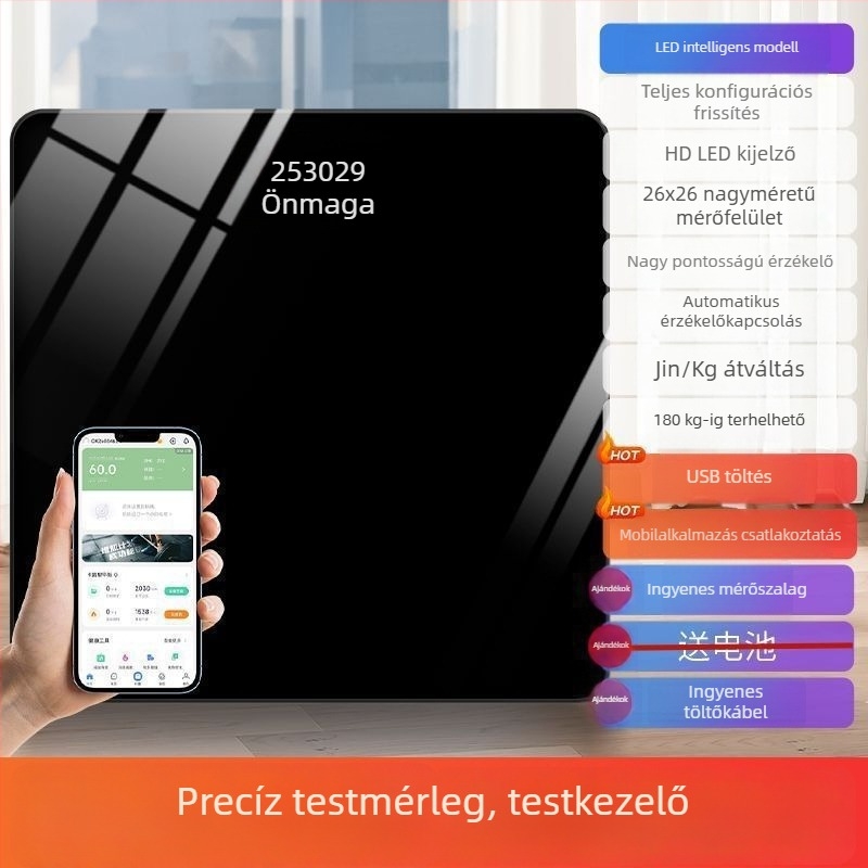 Otthoni elektronikus testsúlymérő, pontos és tartós, újratölthető, kompakt okos mérleg a testzsír mérésére