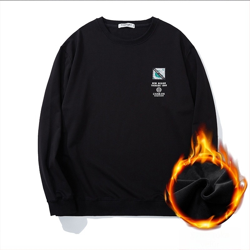 Oversize férfi pulóver fleece-béléssel, kerek nyakú, gallér nélküli, hosszú ujjú, poliészter anyag, hímzett címke és szövegnyomás
