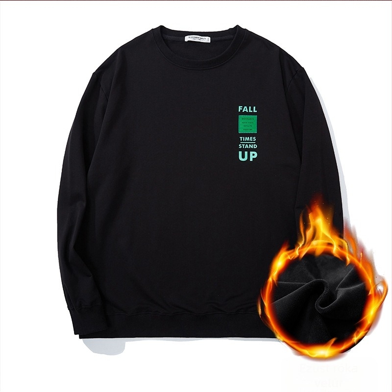 Oversize férfi pulóver fleece-béléssel, kerek nyakú, gallér nélküli, hosszú ujjú, poliészter anyag, hímzett címke és szövegnyomás