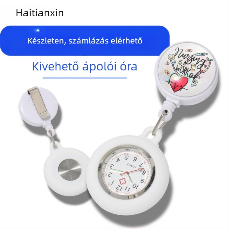 Ápolónő zsebóra kihúzható csattal, világító karikatúra-stílus, kvarc mechanizmus, szilikon csuklópánt
