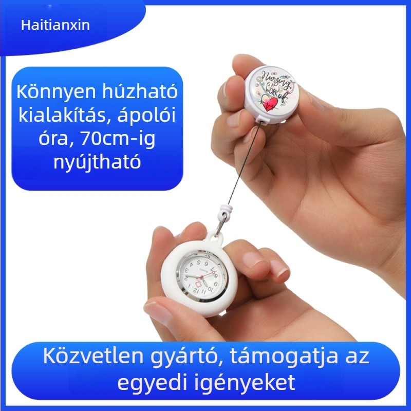 Ápolónő zsebóra kihúzható csattal, világító karikatúra-stílus, kvarc mechanizmus, szilikon csuklópánt