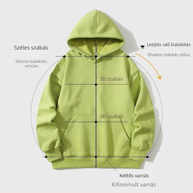Kapucnis fleeces pulóver, laza szabású, 100% comb pamut, kerek nyakú, hosszú ujjú