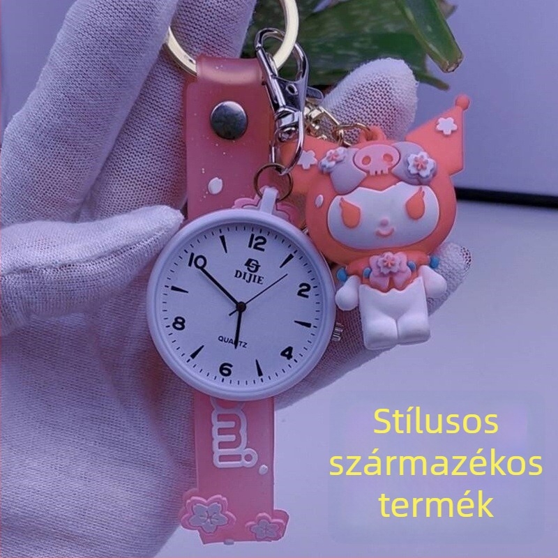 Ápoló kulcstartós zsebóra, kvarc működés, 36 mm kör alakú számlap, műanyag tokkal, spirálkrona, kis háromtűs