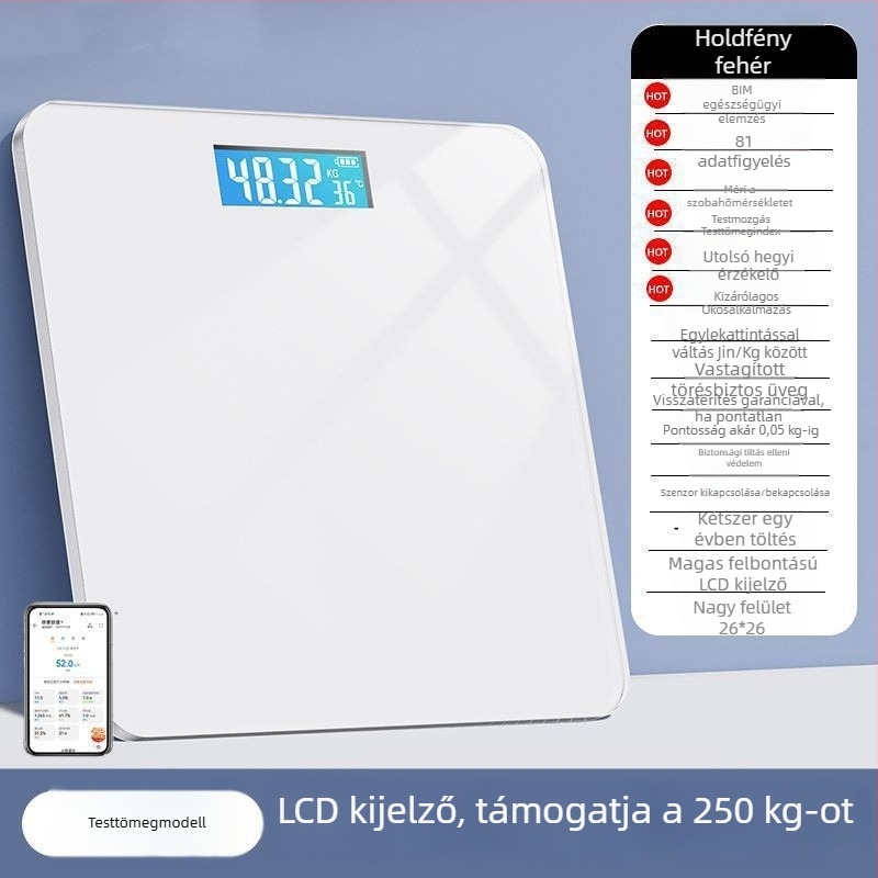 Testtömeg-kijelző testzsír monitorozással, újratölthető elektromos mérleg, egyszerű kialakítás felnőtteknek, maximális teherbírás 1