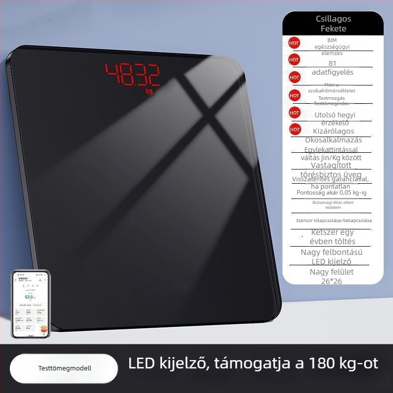 Testtömeg-kijelző testzsír monitorozással, újratölthető elektromos mérleg, egyszerű kialakítás felnőtteknek, maximális teherbírás 1