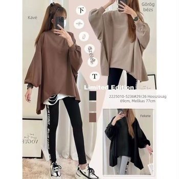 Női laza szabású felső kerek nyakkal, hosszú ujjú, japán-koreai casual stílus, poliészter anyag