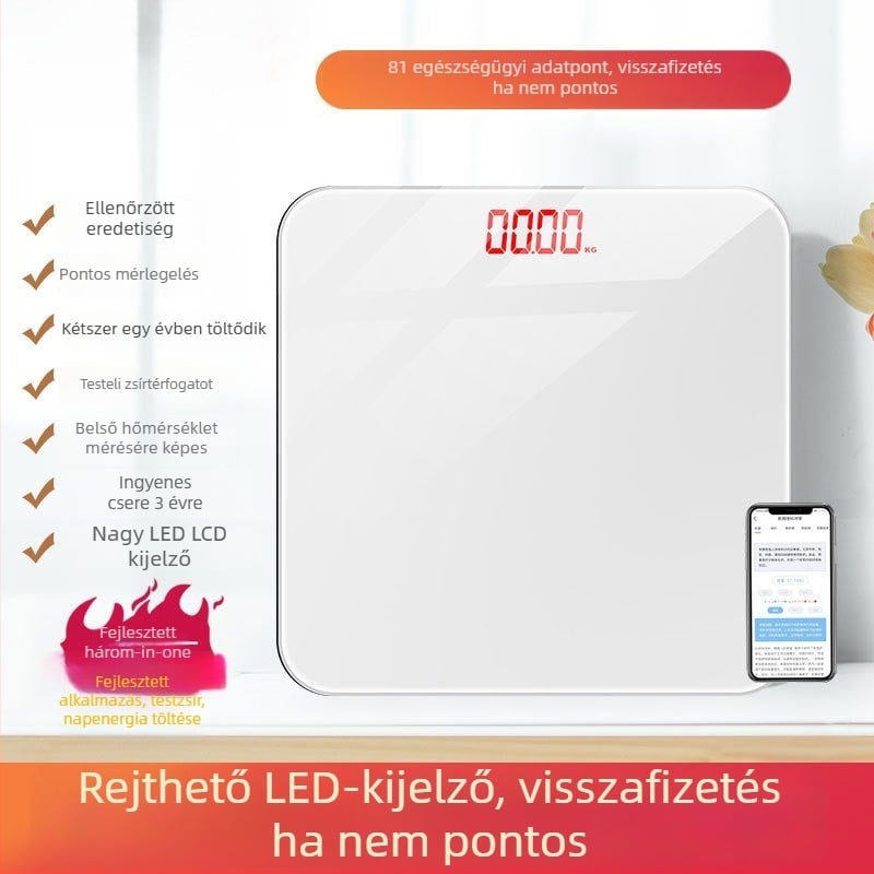 Testtömeg- és testzsír-mérő, kompakt elektronikus, újratölthető, otthoni okos mérleg felnőtteknek