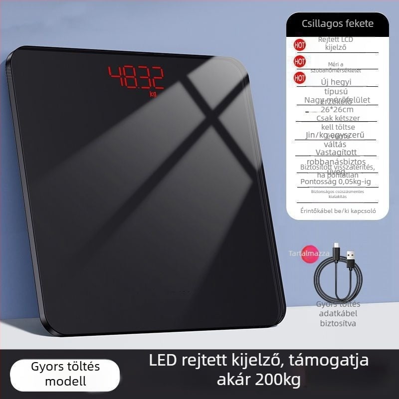 Testtömeg- és testzsír-mérő, kompakt elektronikus, újratölthető, otthoni okos mérleg felnőtteknek
