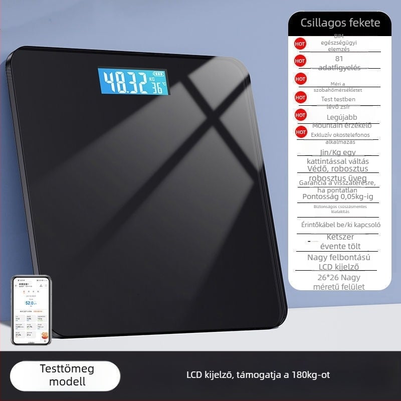 Testtömeg- és testzsír-mérő, kompakt elektronikus, újratölthető, otthoni okos mérleg felnőtteknek