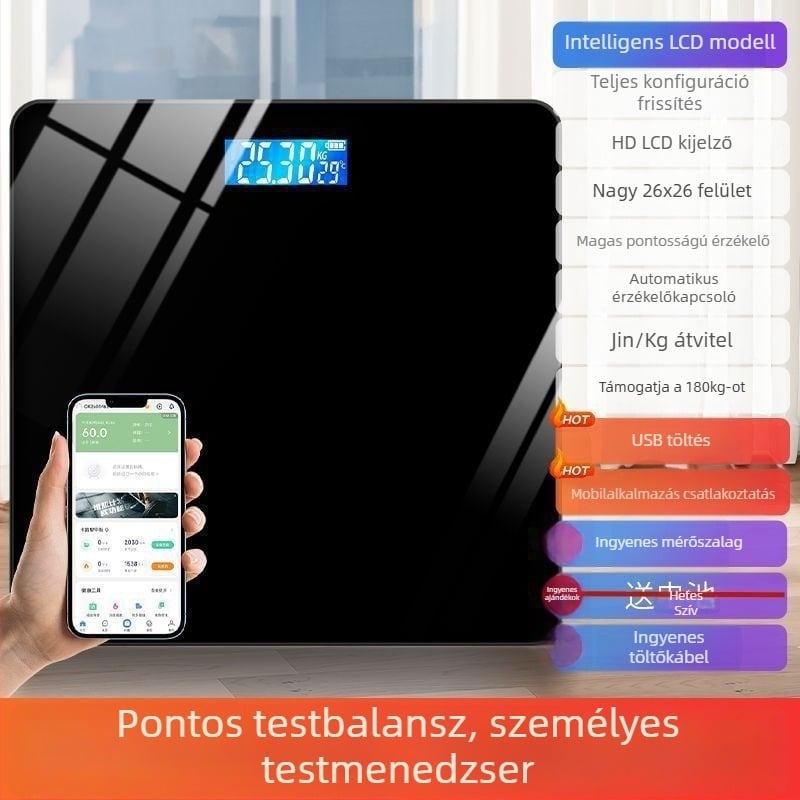 Testtömeg- és testzsír-mérő, kompakt elektronikus, újratölthető, otthoni okos mérleg felnőtteknek