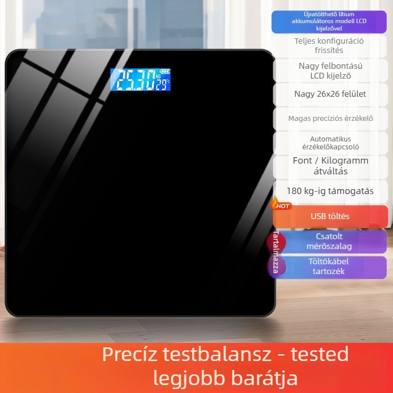 Testtömeg- és testzsír-mérő, kompakt elektronikus, újratölthető, otthoni okos mérleg felnőtteknek