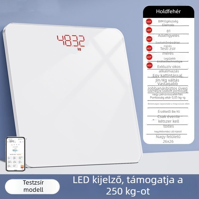 Testtömeg- és testzsír mérleg, újratölthető, otthoni használatra, okos és pontos