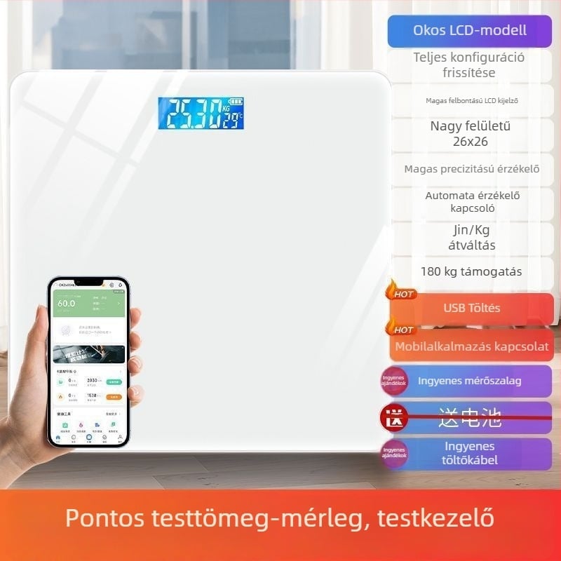 Testtömeg- és testzsír mérleg, újratölthető, otthoni használatra, okos és pontos