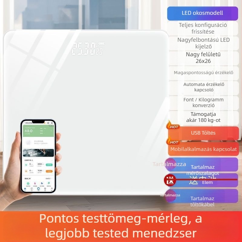 Testtömeg- és testzsír mérleg, újratölthető, otthoni használatra, okos és pontos