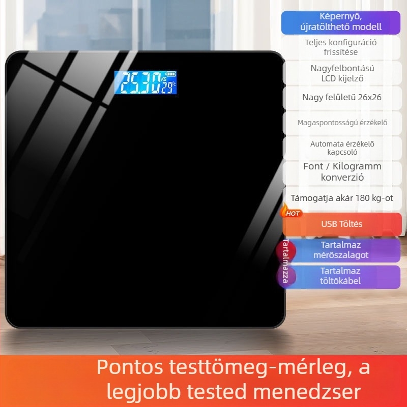 Testtömeg- és testzsír mérleg, újratölthető, otthoni használatra, okos és pontos