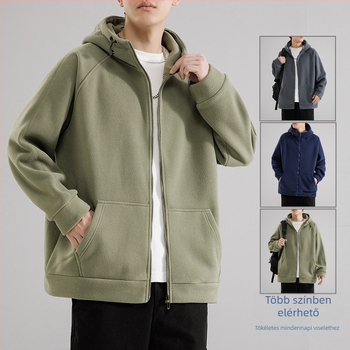 Férfi japán retro kardigán kapucnival, vastag polár fleece, cipzár elöl, álló gallér, laza szabás