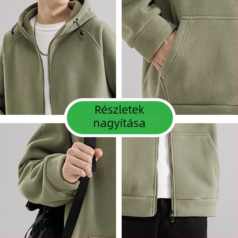 Férfi japán retro kardigán kapucnival, vastag polár fleece, cipzár elöl, álló gallér, laza szabás