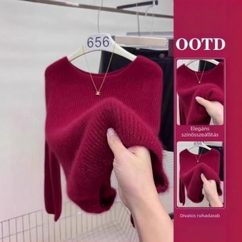 Szürke női kötött felső hosszú ujjú, koreai stílus, egyszínű, elegáns, plusz méret, őszi 2025