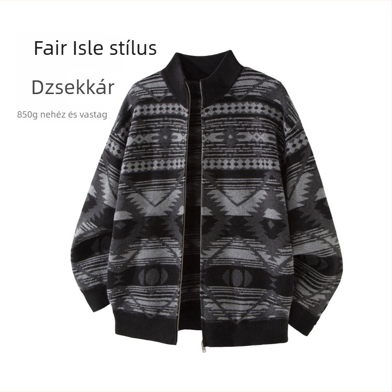 Férfi jacquard kardigán cipzárral és álló gallérral, etnikus stílusú kötött téli darab, laza szabás