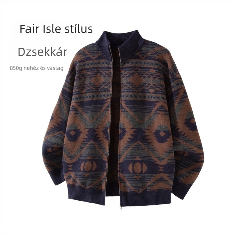 Férfi jacquard kardigán cipzárral és álló gallérral, etnikus stílusú kötött téli darab, laza szabás