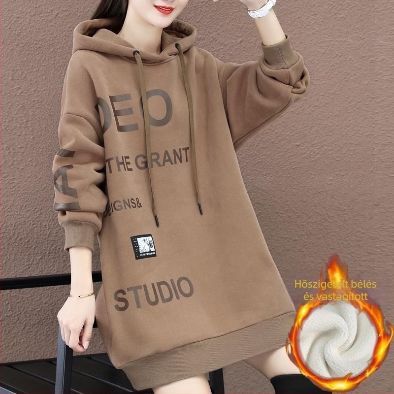 Női középhosszú kapucnis pulóver; pamutkeverék 50–70%; hosszú ujjú; pulóver; japán-koreai lazább stílus