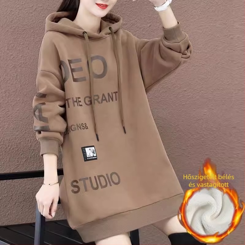 Női középhosszú kapucnis pulóver; pamutkeverék 50–70%; hosszú ujjú; pulóver; japán-koreai lazább stílus