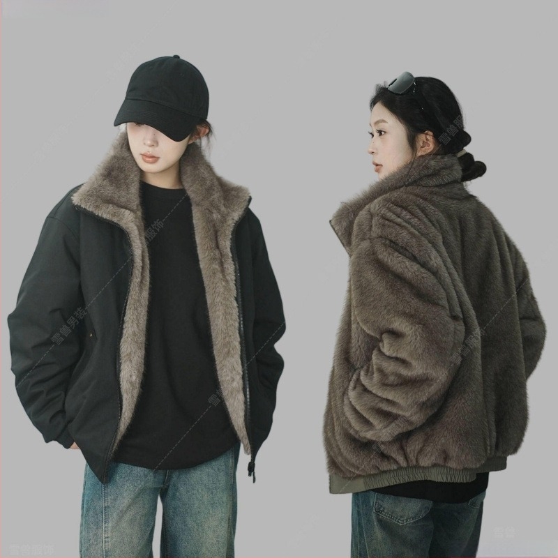 Férfi téli kabát műszőrmével, kétoldalas, vastag fleece-bélés