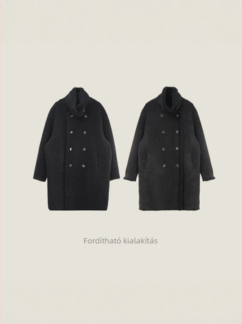 Női szőrme kabát, hosszú fazon, állógallér, kétsoros gombolás, 95% gyapjú, Granular Fleece, retro stílus, tél 2025