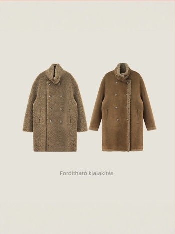Női szőrme kabát, hosszú fazon, állógallér, kétsoros gombolás, 95% gyapjú, Granular Fleece, retro stílus, tél 2025