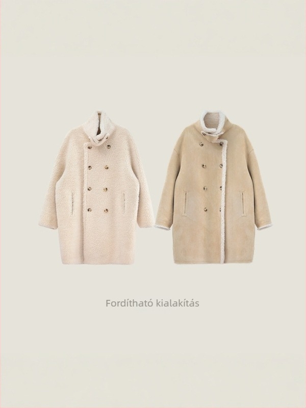 Női szőrme kabát, hosszú fazon, állógallér, kétsoros gombolás, 95% gyapjú, Granular Fleece, retro stílus, tél 2025