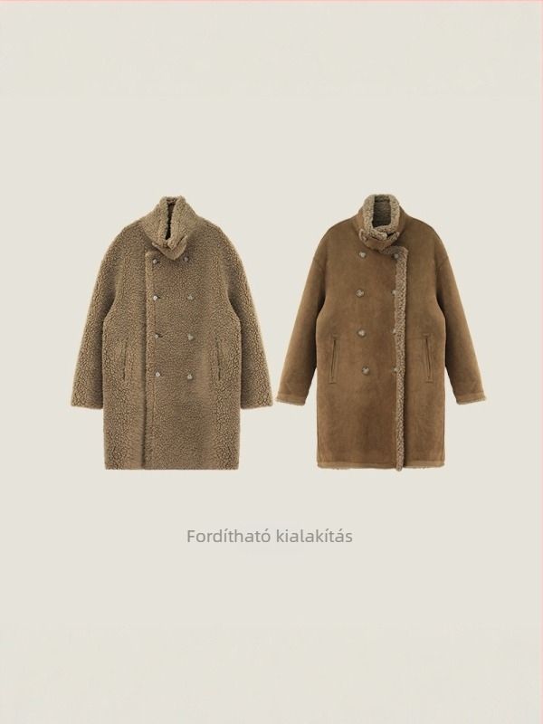 Női szőrme kabát, hosszú fazon, állógallér, kétsoros gombolás, 95% gyapjú, Granular Fleece, retro stílus, tél 2025