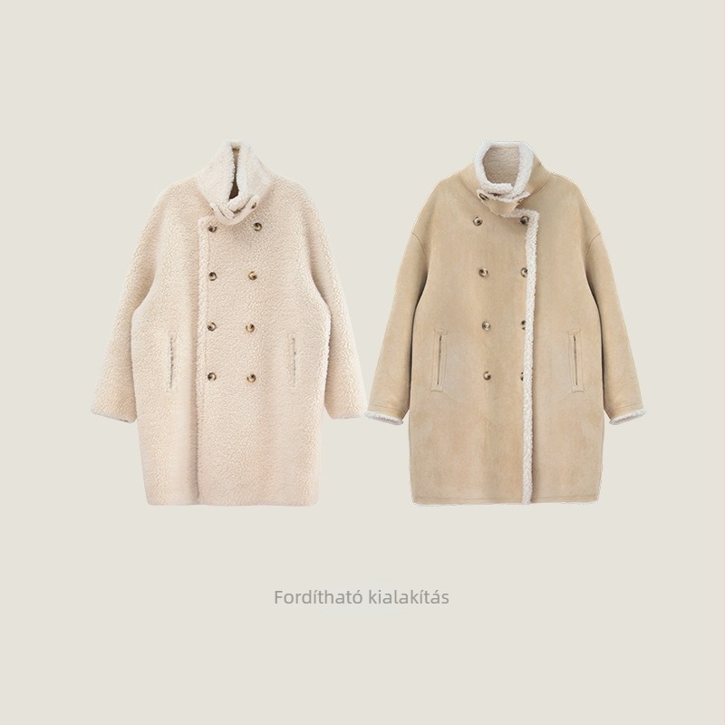 Női szőrme kabát, hosszú fazon, állógallér, kétsoros gombolás, 95% gyapjú, Granular Fleece, retro stílus, tél 2025