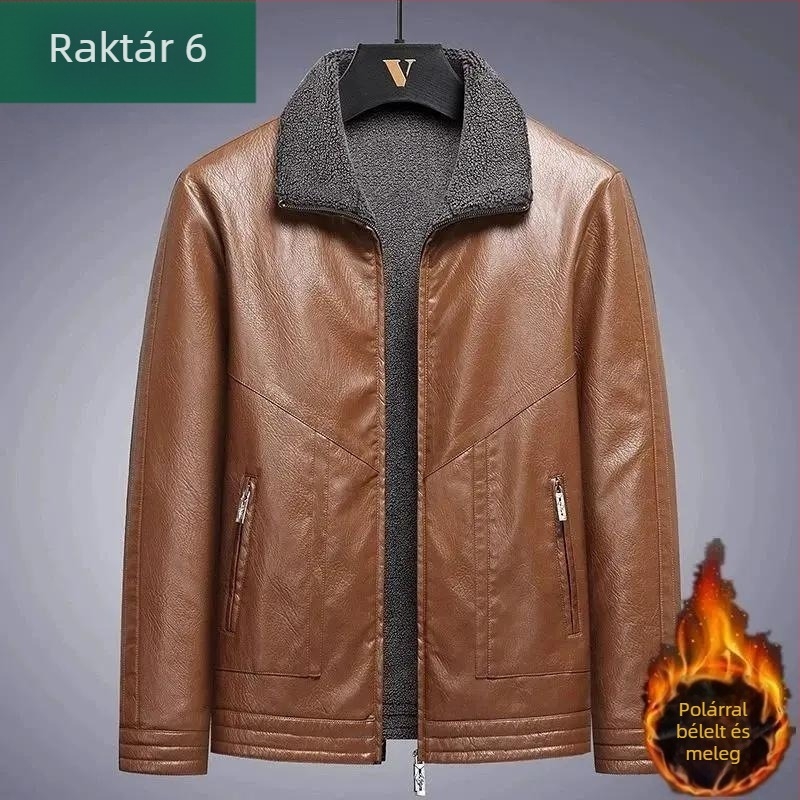 Férfi lóbőr bőrdzseki fleece bélésse, téli vastag bélés, lazán szabott, modern stílus