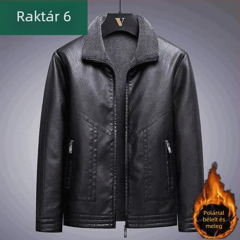 Férfi lóbőr bőrdzseki fleece bélésse, téli vastag bélés, lazán szabott, modern stílus