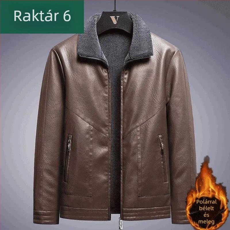 Férfi lóbőr bőrdzseki fleece bélésse, téli vastag bélés, lazán szabott, modern stílus