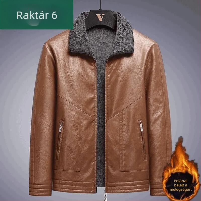 Férfi lóbőr bőrdzseki fleece bélésse, téli vastag bélés, lazán szabott, modern stílus