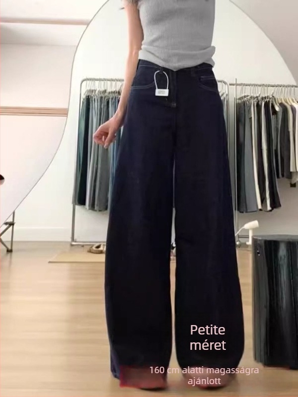 Sötétkék denim női nadrág, széles lábakkal, magas derékkal, hosszú szárú, plusz méret, ősz 2024
