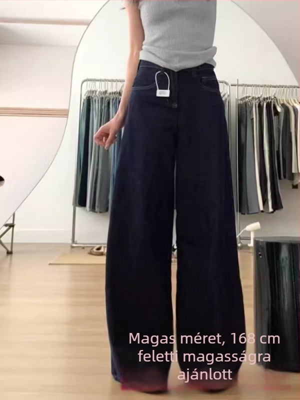 Sötétkék denim női nadrág, széles lábakkal, magas derékkal, hosszú szárú, plusz méret, ősz 2024