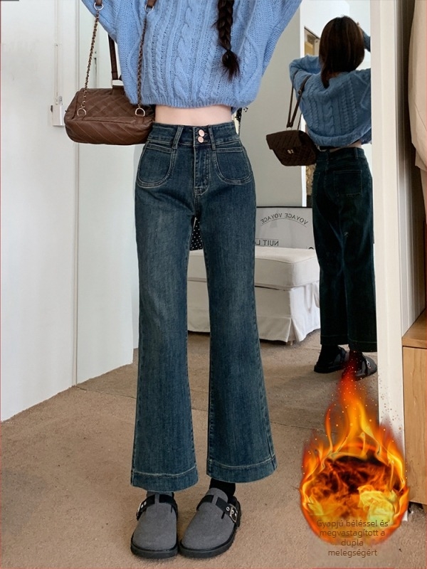 Női denim farmerok őszi-téli retro stílusban, dupla gombos zárás, magas derék, laza szabás, plusz méret, 9/10 hossz, cigaretta fazon
