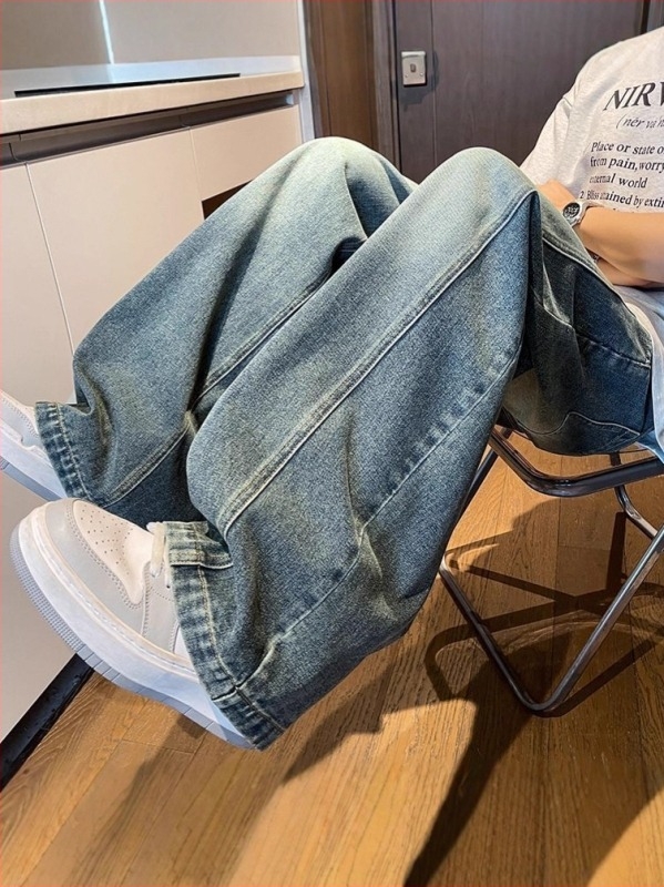 Férfi farmernadrág denimból, egyenes szabás, középmagas derekú, mosott kivitel
