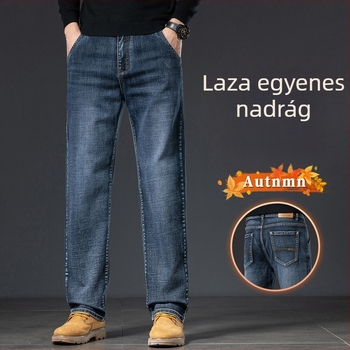 Pamut-stretch denim nadrág, tapered fazon, középmagasságú derék, cipzáras zárás, szűk, egyenes lábú