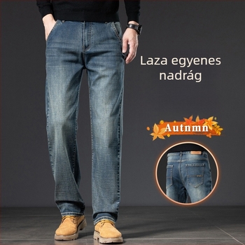 Pamut-stretch denim nadrág, tapered fazon, középmagasságú derék, cipzáras zárás, szűk, egyenes lábú