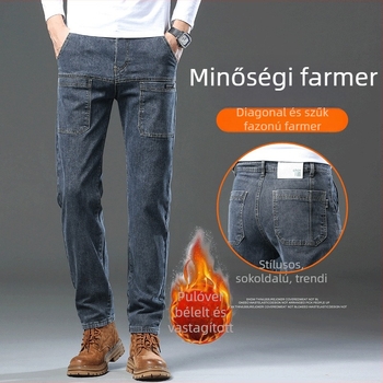 Férfi farmernadrág fleece-béléssel téli viseletre, egyenes szabású, középmagas derék, több zseb, poliészter anyag